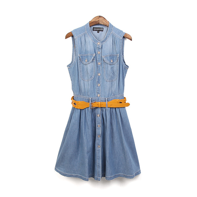 Washed Denim Wear White Sleeveless Vest Dress With Belt on Luulla